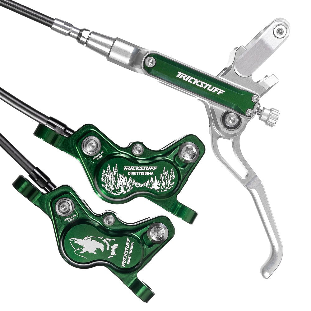 TRICKSTUFF Direttissima - Pump Silver / Reservoir Green / Lever Silver / Caliper Green / Kevlar Black Hose / Pump Straight Silver / Caliper Banjo Black