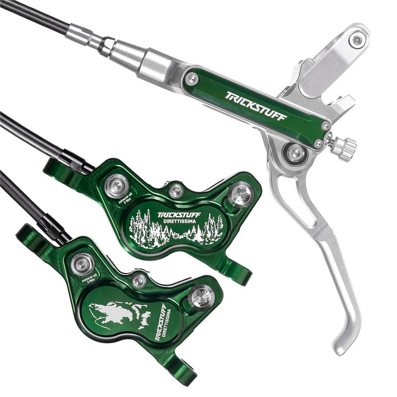 Load image into Gallery viewer, TRICKSTUFF Direttissima - Pump Silver / Reservoir Green / Lever Silver / Caliper Green / Kevlar Black Hose / Pump Straight Silver / Caliper Banjo Black
