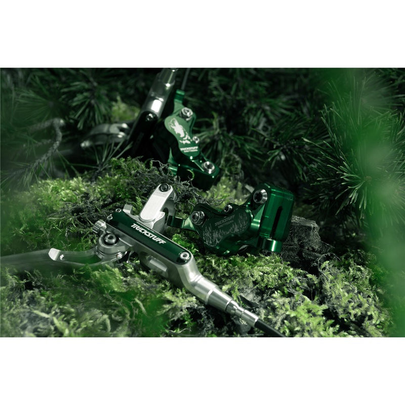 Load image into Gallery viewer, TRICKSTUFF Direttissima - Pump Silver / Reservoir Green / Lever Silver / Caliper Green / Kevlar Black Hose / Pump Straight Silver / Caliper Banjo Black
