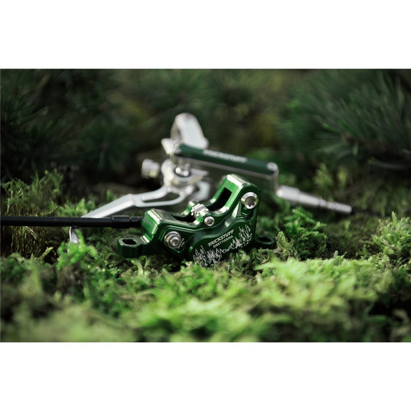 Load image into Gallery viewer, TRICKSTUFF Direttissima - Pump Silver / Reservoir Green / Lever Silver / Caliper Green / Kevlar Black Hose / Pump Straight Silver / Caliper Banjo Black
