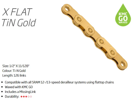 KMC chain - 12/13 Speed - KMC X-FLATW - 126L - TI-N GOLD - w/Connect Link - WAXED - (For Sram flat top 12/13 speed only)